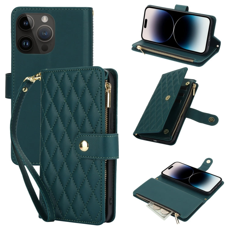 YM016 Rhombic Zipper Card Wallet Leather Phone Case with Lanyard