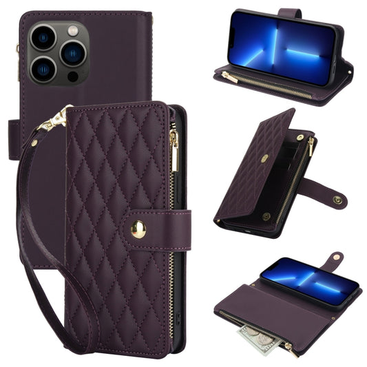 YM016 Rhombic Zipper Card Wallet Leather Phone Case with Lanyard, For iPhone 13 Pro, For iPhone 13, For iPhone 13 mini
