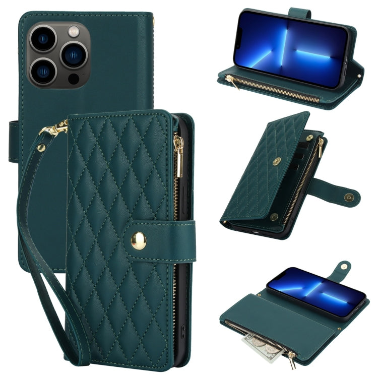 YM016 Rhombic Zipper Card Wallet Leather Phone Case with Lanyard, For iPhone 13 Pro, For iPhone 13, For iPhone 13 mini