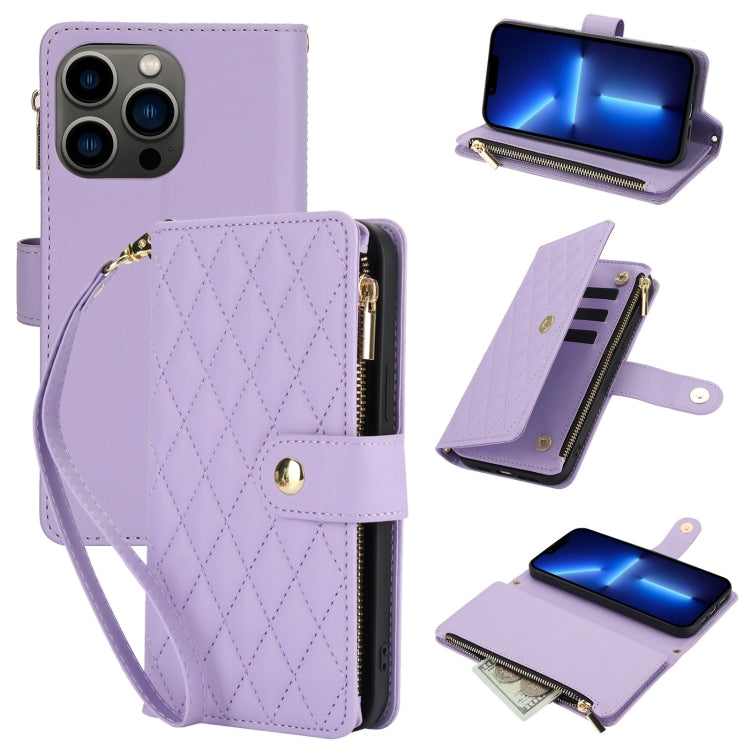 YM016 Rhombic Zipper Card Wallet Leather Phone Case with Lanyard, For iPhone 13 Pro, For iPhone 13, For iPhone 13 mini