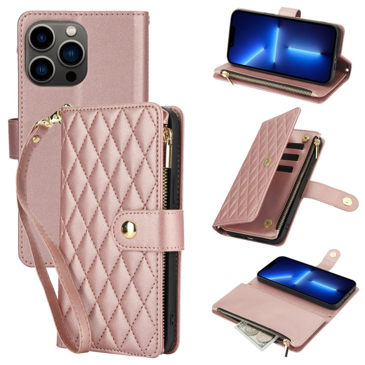 YM016 Rhombic Zipper Card Wallet Leather Phone Case with Lanyard, For iPhone 13 Pro, For iPhone 13, For iPhone 13 mini