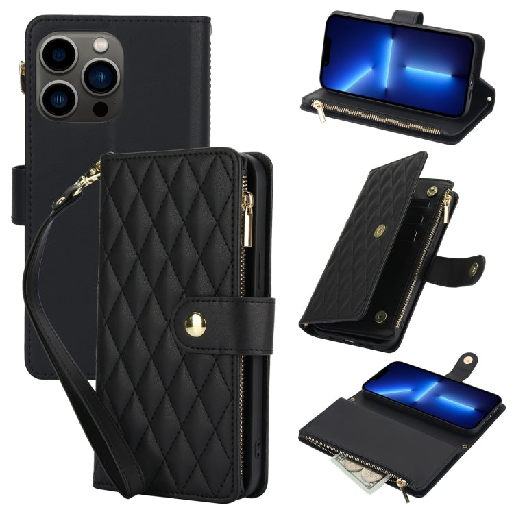 YM016 Rhombic Zipper Card Wallet Leather Phone Case with Lanyard, For iPhone 13 Pro, For iPhone 13, For iPhone 13 mini
