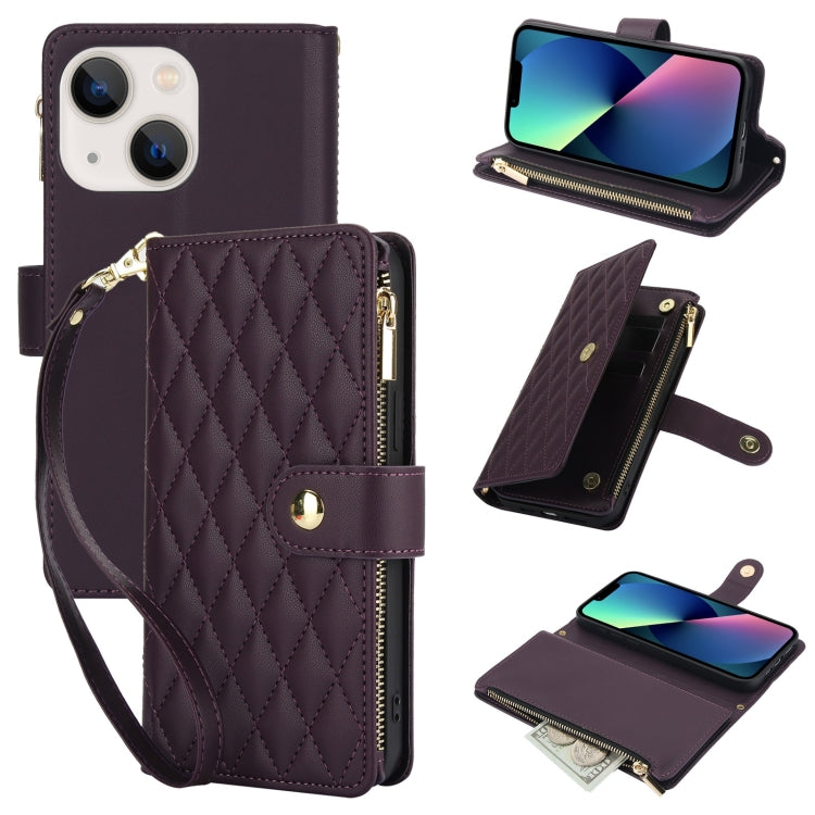 YM016 Rhombic Zipper Card Wallet Leather Phone Case with Lanyard, For iPhone 13 Pro, For iPhone 13, For iPhone 13 mini