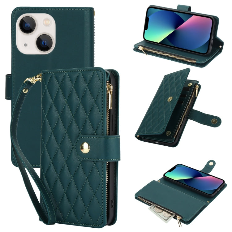 YM016 Rhombic Zipper Card Wallet Leather Phone Case with Lanyard