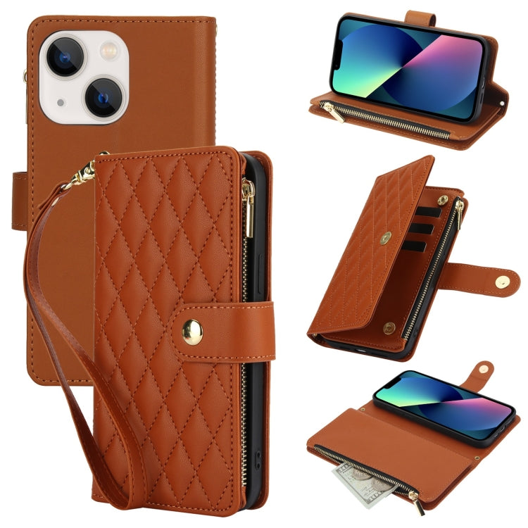 YM016 Rhombic Zipper Card Wallet Leather Phone Case with Lanyard, For iPhone 13 Pro, For iPhone 13, For iPhone 13 mini