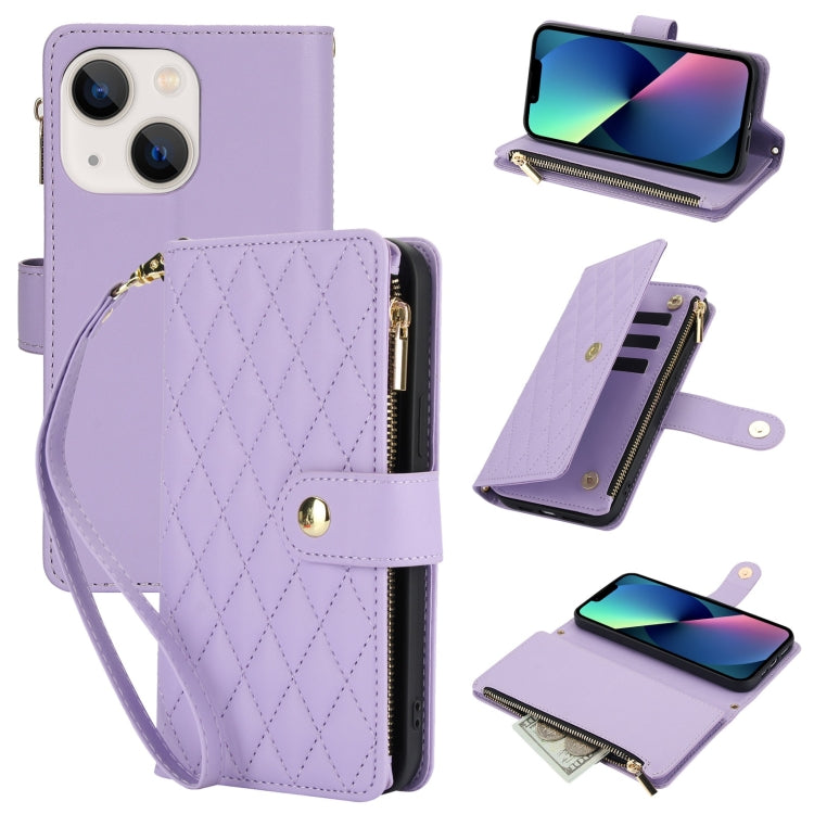 YM016 Rhombic Zipper Card Wallet Leather Phone Case with Lanyard, For iPhone 13 Pro, For iPhone 13, For iPhone 13 mini