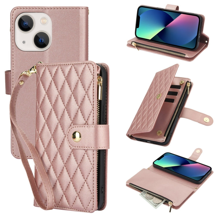YM016 Rhombic Zipper Card Wallet Leather Phone Case with Lanyard