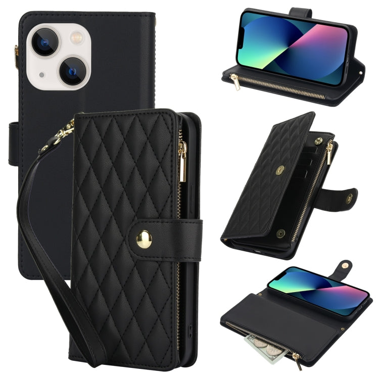 YM016 Rhombic Zipper Card Wallet Leather Phone Case with Lanyard, For iPhone 13 Pro, For iPhone 13, For iPhone 13 mini