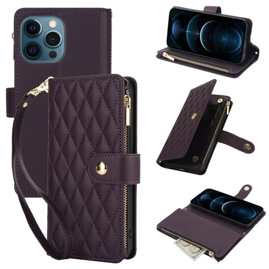 YM016 Rhombic Zipper Card Wallet Leather Phone Case with Lanyard