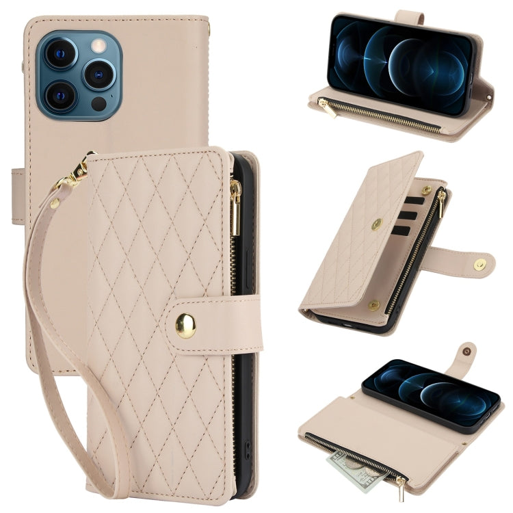 YM016 Rhombic Zipper Card Wallet Leather Phone Case with Lanyard