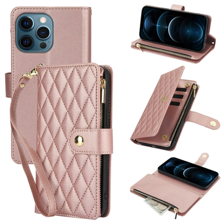 YM016 Rhombic Zipper Card Wallet Leather Phone Case with Lanyard