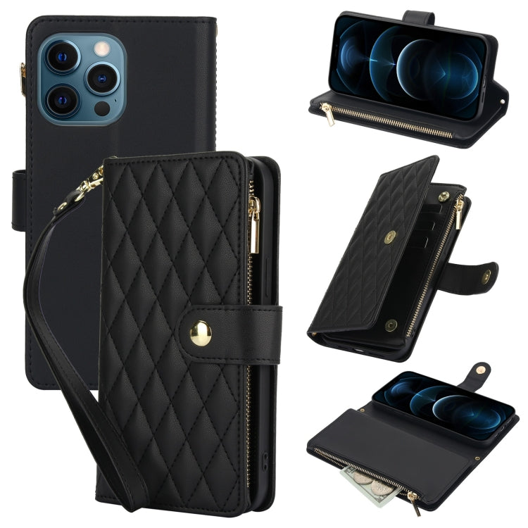 YM016 Rhombic Zipper Card Wallet Leather Phone Case with Lanyard