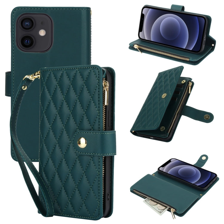 YM016 Rhombic Zipper Card Wallet Leather Phone Case with Lanyard