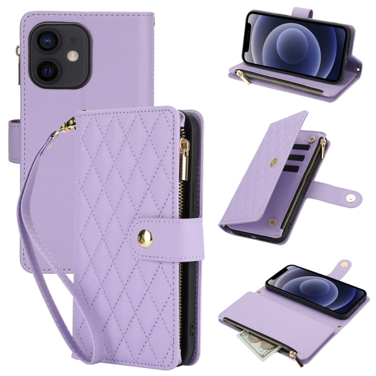 YM016 Rhombic Zipper Card Wallet Leather Phone Case with Lanyard
