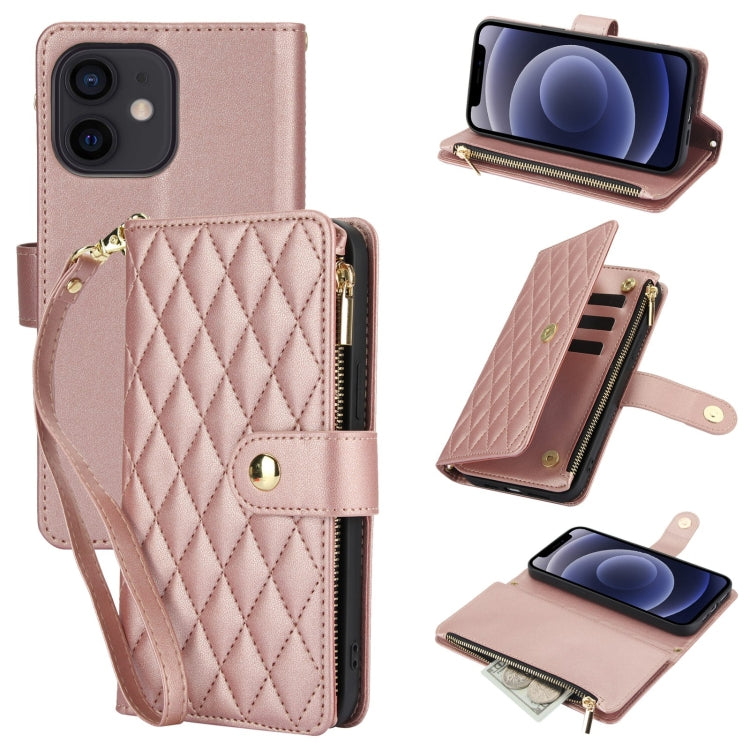 YM016 Rhombic Zipper Card Wallet Leather Phone Case with Lanyard