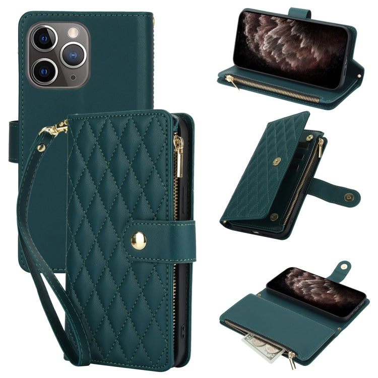 YM016 Rhombic Zipper Card Wallet Leather Phone Case with Lanyard