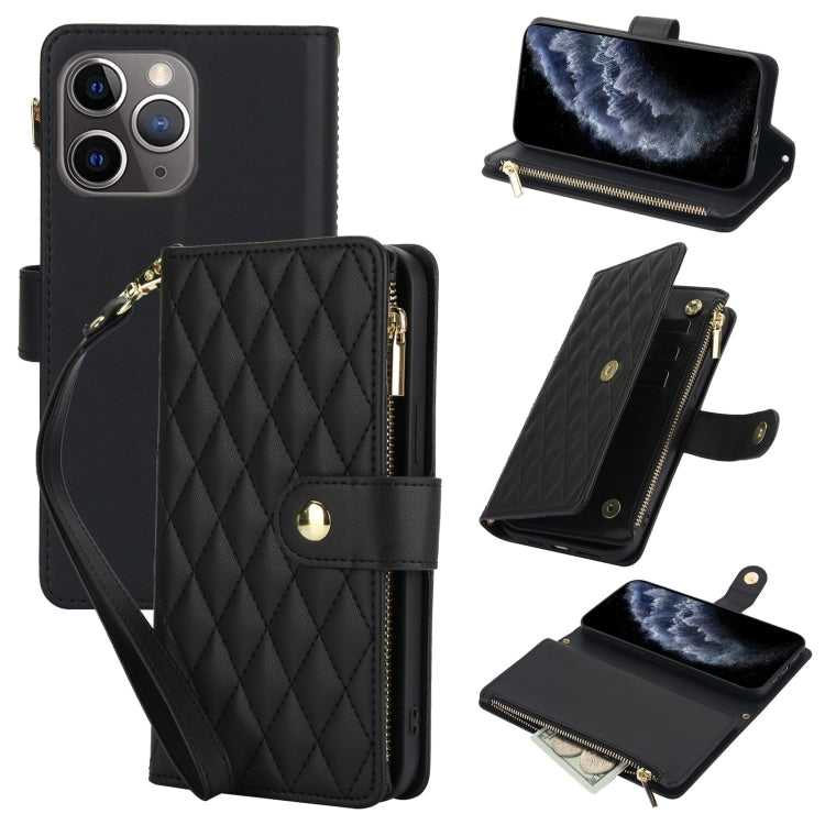 YM016 Rhombic Zipper Card Wallet Leather Phone Case with Lanyard, For iPhone 11, For iPhone 11 Pro, For iPhone X / XS