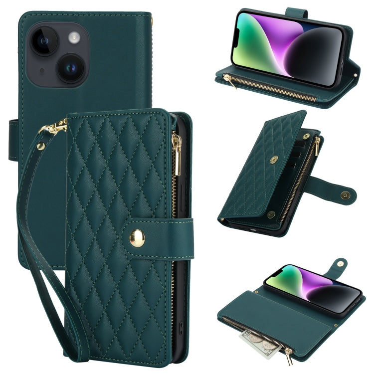 YM016 Rhombic Zipper Card Wallet Leather Phone Case with Lanyard, For iPhone 13 Pro, For iPhone 13, For iPhone 13 mini
