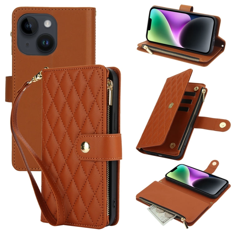 YM016 Rhombic Zipper Card Wallet Leather Phone Case with Lanyard, For iPhone 13 Pro, For iPhone 13, For iPhone 13 mini