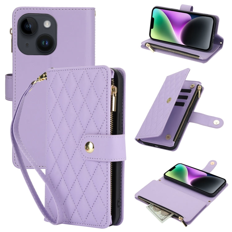 YM016 Rhombic Zipper Card Wallet Leather Phone Case with Lanyard, For iPhone 13 Pro, For iPhone 13, For iPhone 13 mini