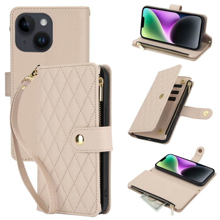 YM016 Rhombic Zipper Card Wallet Leather Phone Case with Lanyard, For iPhone 13 Pro, For iPhone 13, For iPhone 13 mini