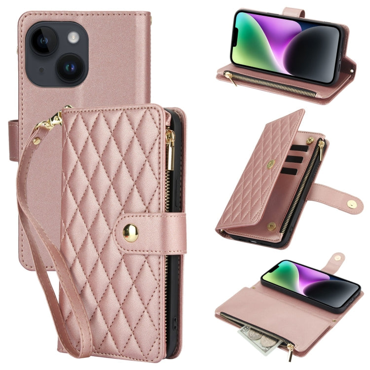 YM016 Rhombic Zipper Card Wallet Leather Phone Case with Lanyard, For iPhone 13 Pro, For iPhone 13, For iPhone 13 mini