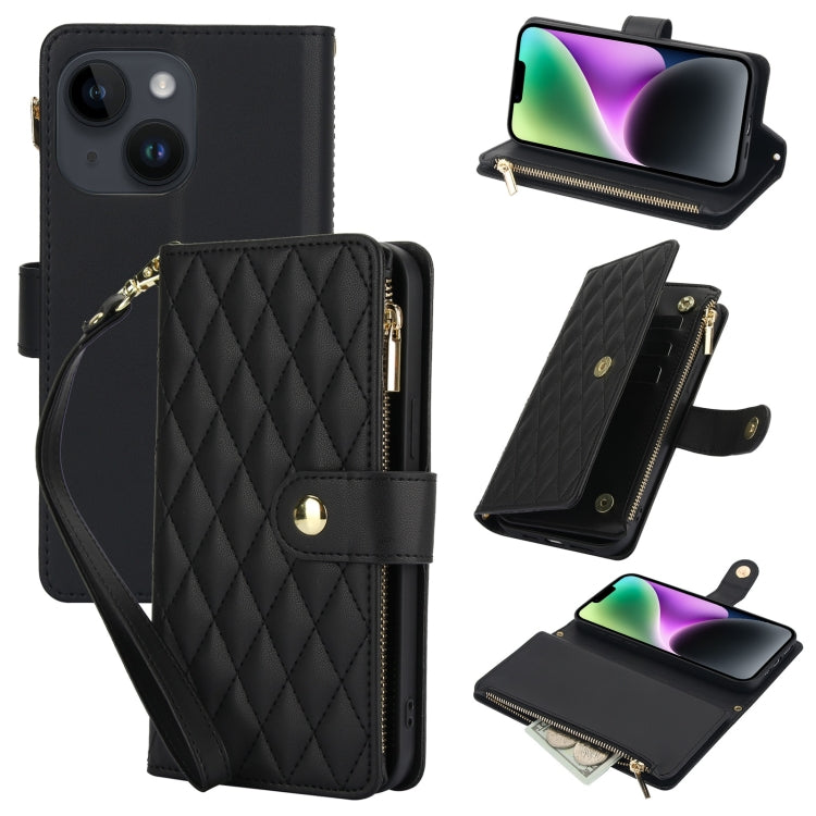 YM016 Rhombic Zipper Card Wallet Leather Phone Case with Lanyard, For iPhone 13 Pro, For iPhone 13, For iPhone 13 mini