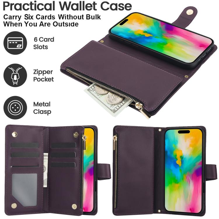YM016 Rhombic Zipper Card Wallet Leather Phone Case with Lanyard