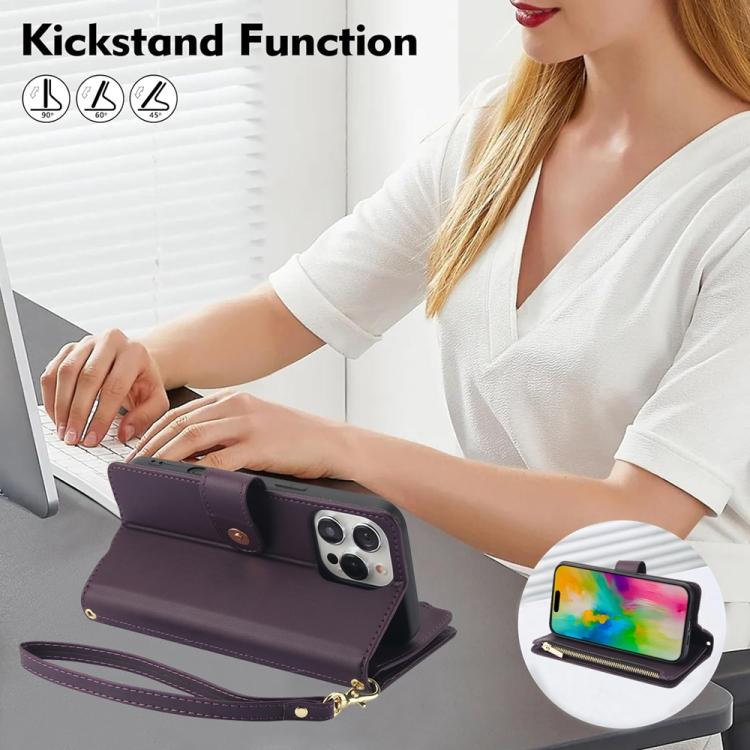 YM016 Rhombic Zipper Card Wallet Leather Phone Case with Lanyard