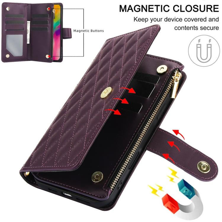 YM016 Rhombic Zipper Card Wallet Leather Phone Case with Lanyard