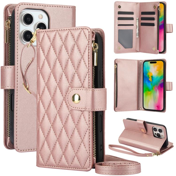 YM016 Rhombic Zipper Card Wallet Leather Phone Case with Lanyard