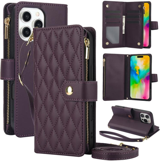 YM016 Rhombic Zipper Card Wallet Leather Phone Case with Lanyard