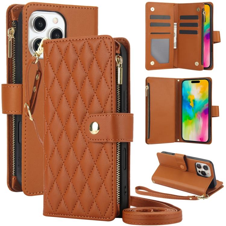 YM016 Rhombic Zipper Card Wallet Leather Phone Case with Lanyard