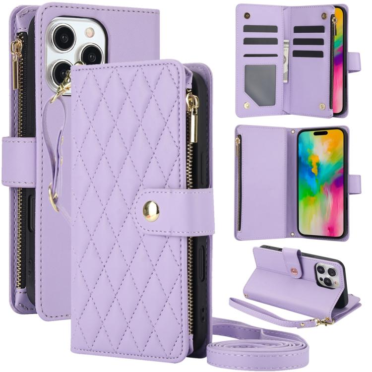 YM016 Rhombic Zipper Card Wallet Leather Phone Case with Lanyard