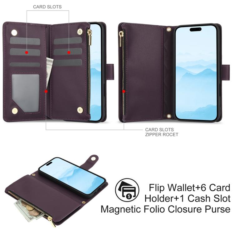 YM016 Rhombic Zipper Card Wallet Leather Phone Case with Lanyard