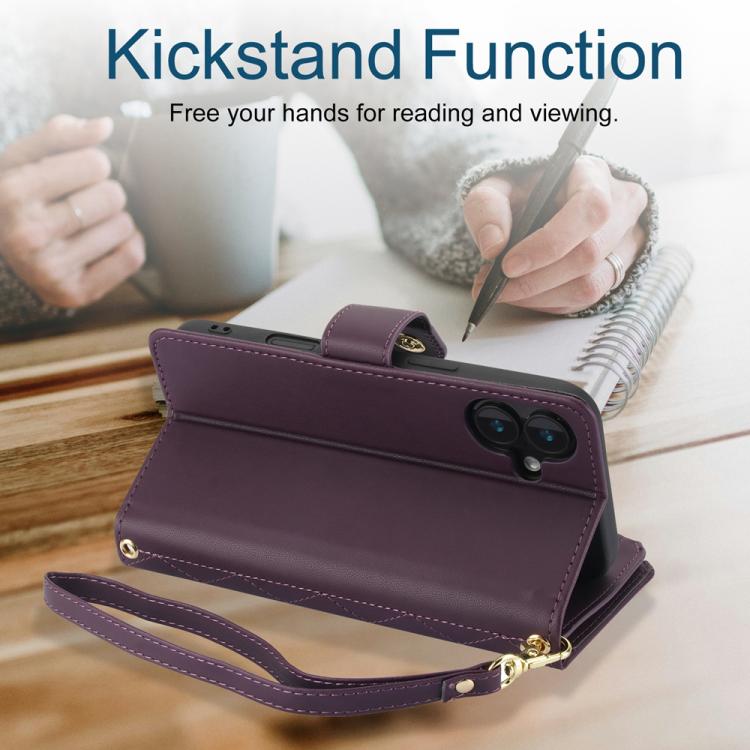 YM016 Rhombic Zipper Card Wallet Leather Phone Case with Lanyard