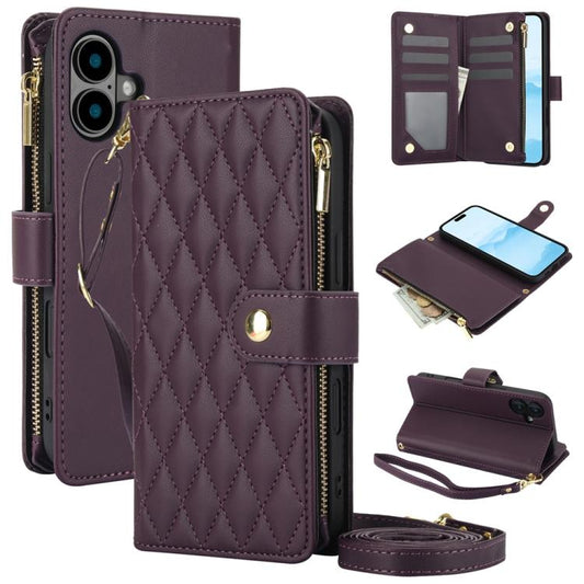 YM016 Rhombic Zipper Card Wallet Leather Phone Case with Lanyard