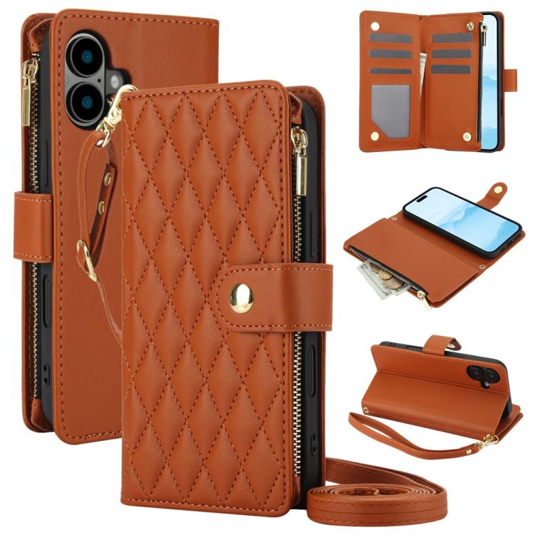 YM016 Rhombic Zipper Card Wallet Leather Phone Case with Lanyard