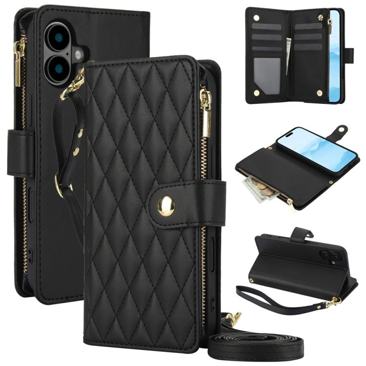 YM016 Rhombic Zipper Card Wallet Leather Phone Case with Lanyard