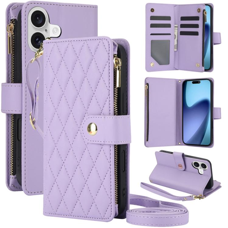 YM016 Rhombic Zipper Card Wallet Leather Phone Case with Lanyard