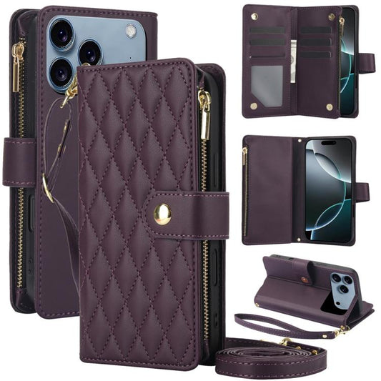 YM016 Rhombic Zipper Card Wallet Leather Phone Case with Lanyard
