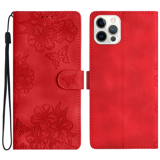 Cherry Blossom Butterfly Skin Feel Embossed PU Phone Case, For iPhone 13 Pro, For iPhone 13, For iPhone 13 mini