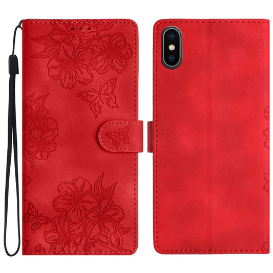 Cherry Blossom Butterfly Skin Feel Embossed PU Phone Case