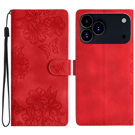 Cherry Blossom Butterfly Skin Feel Embossed PU Phone Case