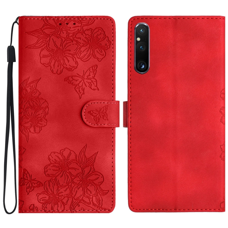 Cherry Blossom Butterfly Skin Feel Embossed PU Phone Case, For Sony Xperia 10 VI, For Sony Xperia 1 VI, For Sony Xperia 1 V, For Sony Xperia 10 V