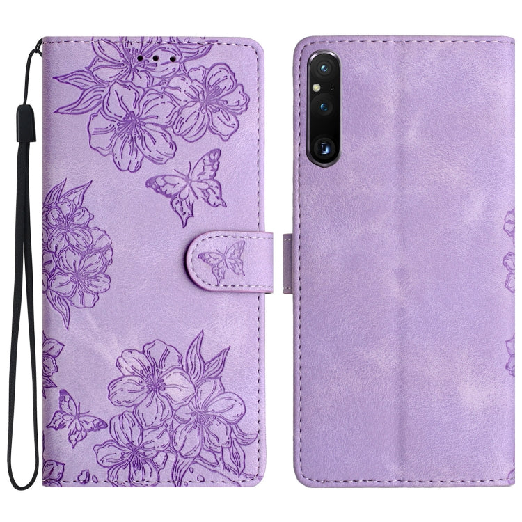 Cherry Blossom Butterfly Skin Feel Embossed PU Phone Case, For Sony Xperia 10 VI, For Sony Xperia 1 VI, For Sony Xperia 1 V, For Sony Xperia 10 V