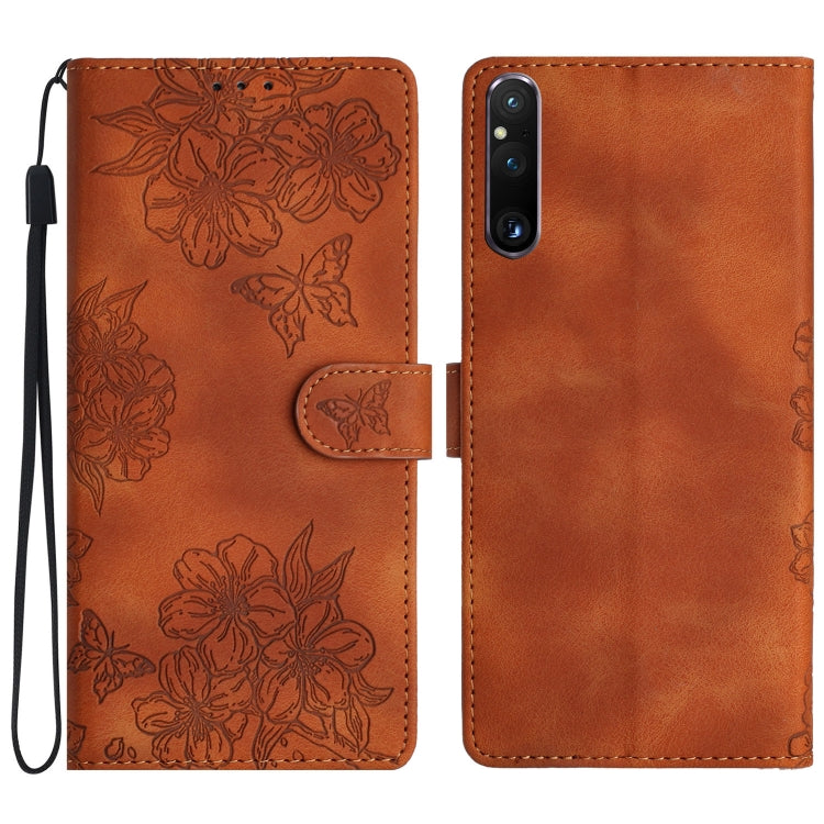 Cherry Blossom Butterfly Skin Feel Embossed PU Phone Case, For Sony Xperia 10 VI, For Sony Xperia 1 VI, For Sony Xperia 1 V, For Sony Xperia 10 V