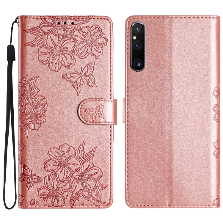 Cherry Blossom Butterfly Skin Feel Embossed PU Phone Case, For Sony Xperia 10 VI, For Sony Xperia 1 VI, For Sony Xperia 1 V, For Sony Xperia 10 V