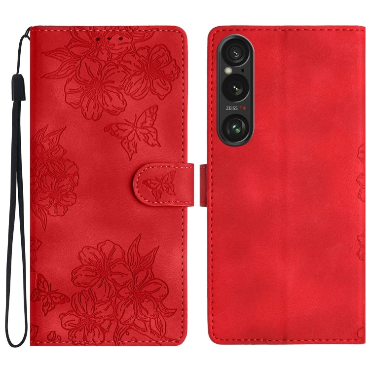 Cherry Blossom Butterfly Skin Feel Embossed PU Phone Case, For Sony Xperia 10 VI, For Sony Xperia 1 VI, For Sony Xperia 1 V, For Sony Xperia 10 V