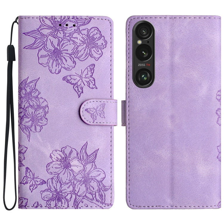 Cherry Blossom Butterfly Skin Feel Embossed PU Phone Case, For Sony Xperia 10 VI, For Sony Xperia 1 VI, For Sony Xperia 1 V, For Sony Xperia 10 V